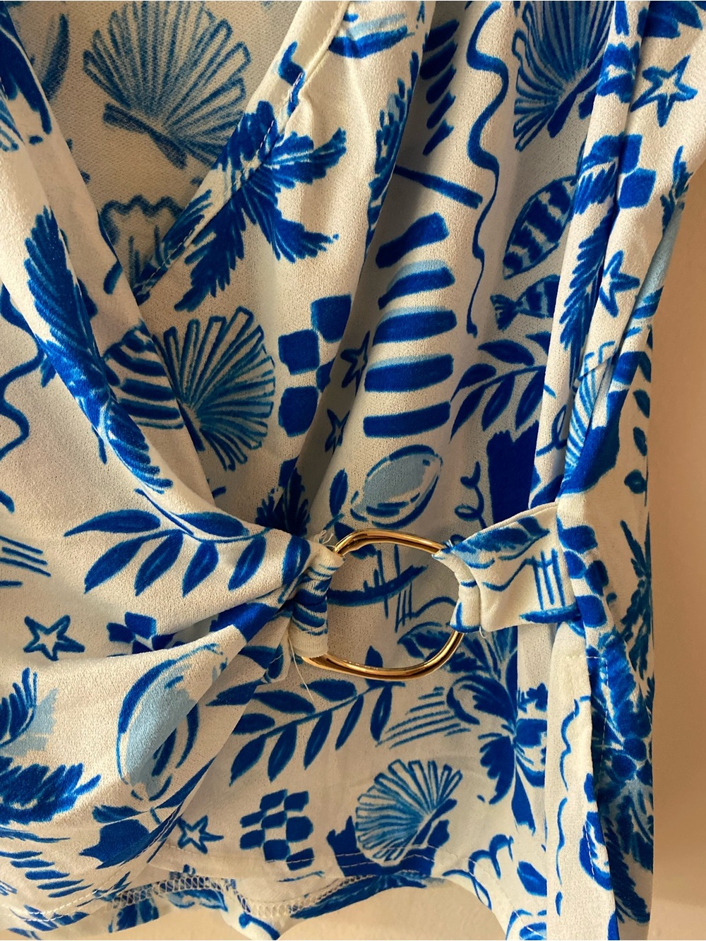 kathy ireland White & Blue Tropical Print Wrap Blouse - Picture 3 of 5